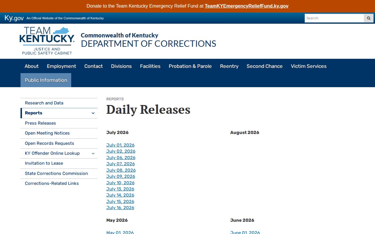 Kentucky Department of Corrections Daily Releases index
