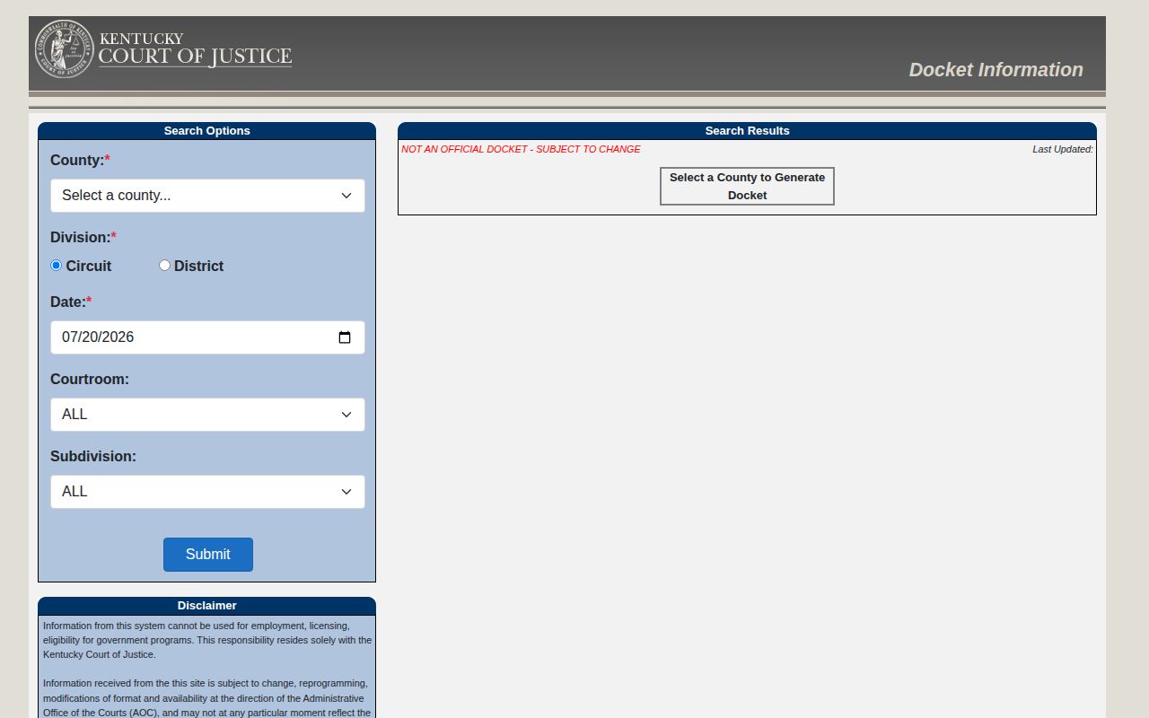 Kentucky public court docket portal used for Lee County case lookup