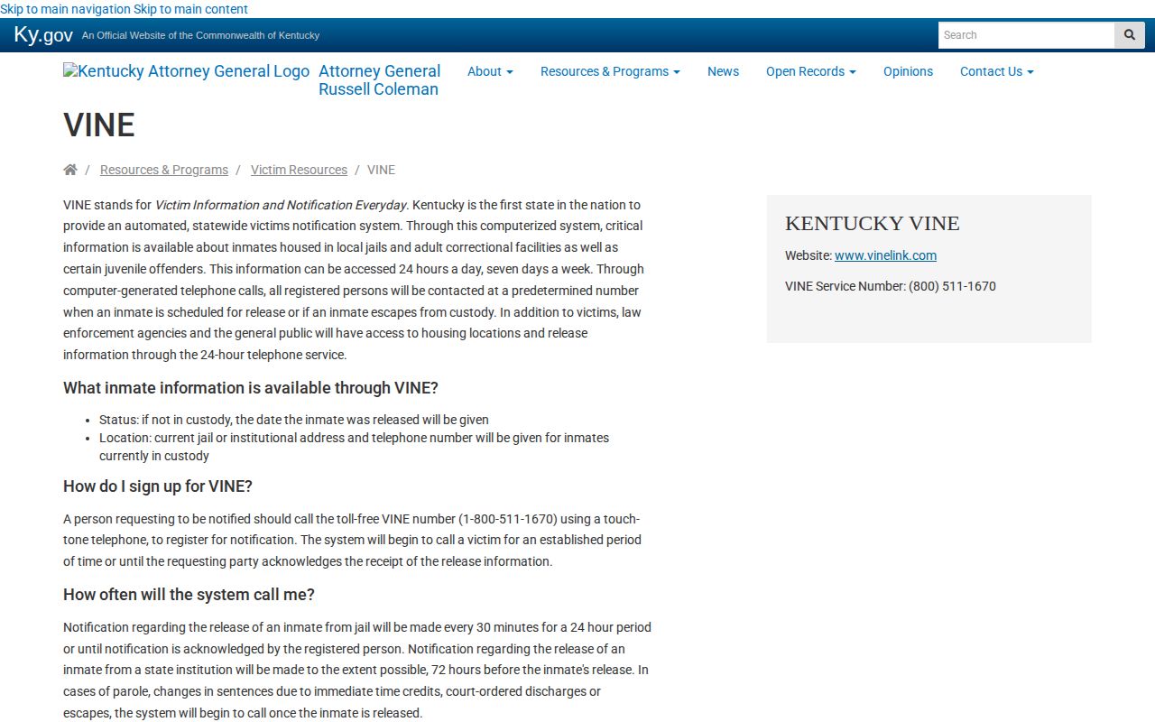 Kentucky VINE guidance for Lee County VINELink inmate search